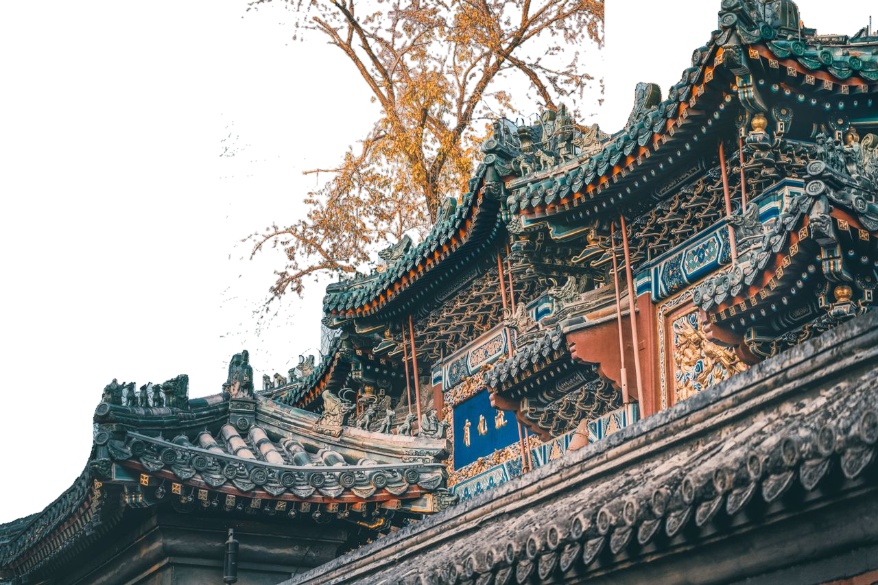 Traditional Asian temple sanctuary with golden autumn trees